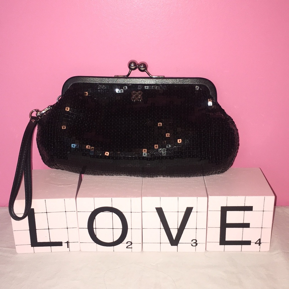 Coach Julia Black Sequin Kisslock Wristlet Clutch